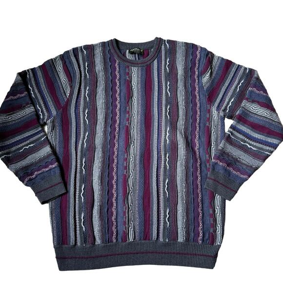 Vintage Norm Thompson Striped Grandpa Sweater Mens Size Large Purple Textured - Picture 2 of 12